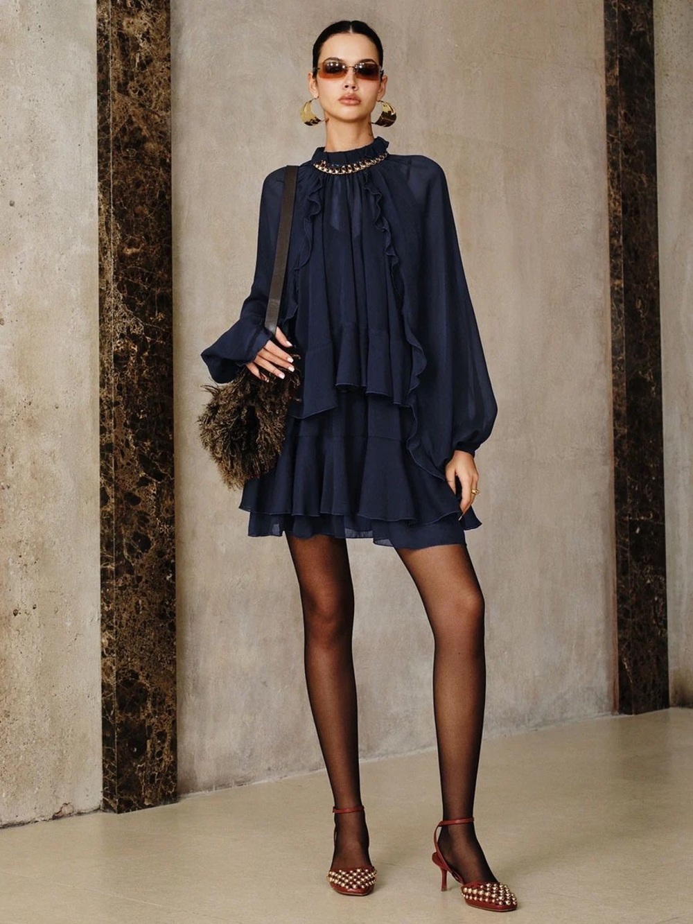 Commense Tiered Ruffle Chiffon Mini Dress Set with Liner